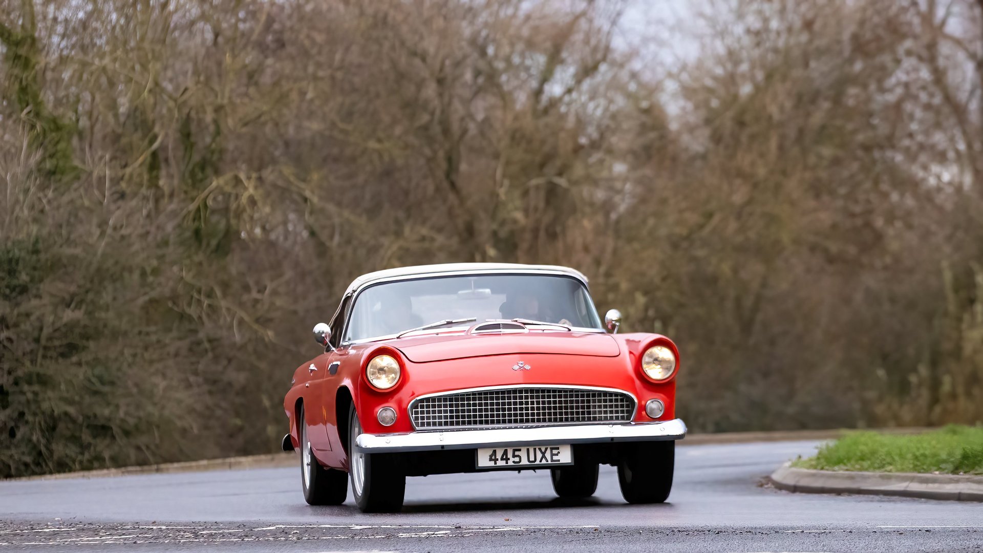 Classic Ford Thunderbird driving on a scenic road