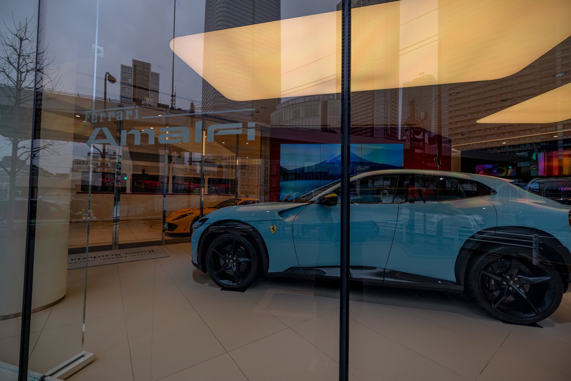 Luxury classic car showroom with high-end automotive dealership interior