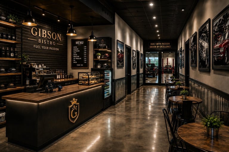 Interior of Gibson Bistro with wooden counter, wall menu, framed artwork, and bicycle decoration along polished concrete floor